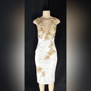 Deep V White Midi Dress with Gold Embroidered Accents